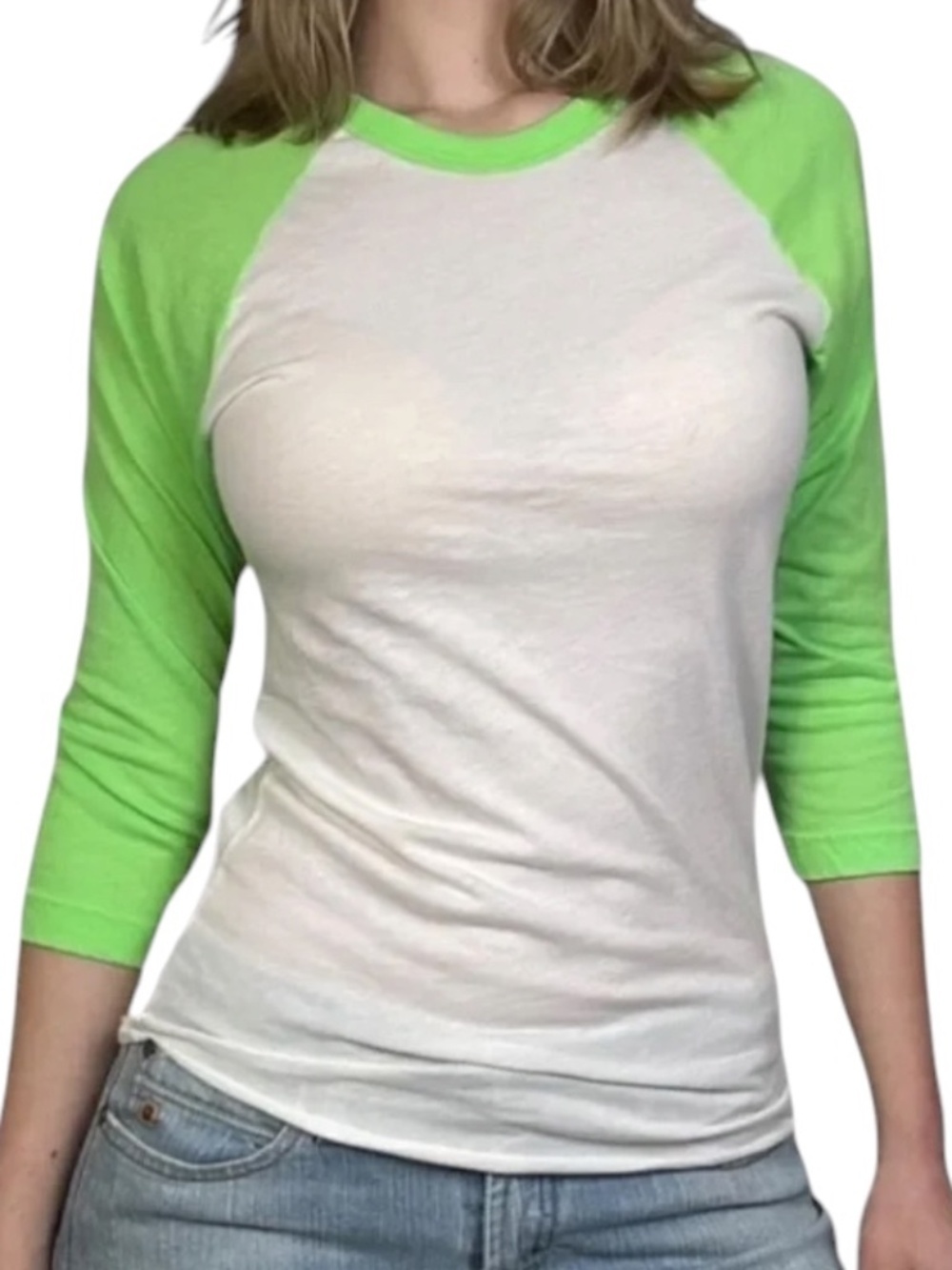 Hi Res Lime Green White Raglan Long Sleeve Tee Size L Casual Cotton